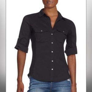 James Perse Ribbed Panel Button Front Top . Black with White Buttons . Size 0 .